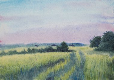 günbatımı yaz alan içinde suluboya boyalı