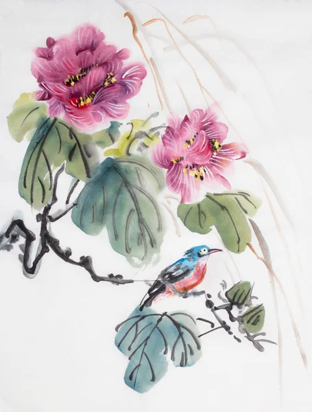 bright hibiscus flower and bird on a light background