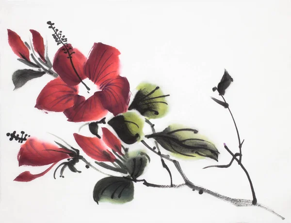 Fleur Hibiscus Brillant Peint Dans Style Chinois — Photo