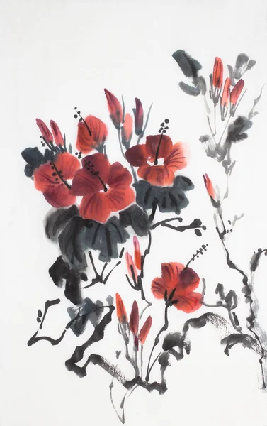red hibiscus flower painted in Chinese style