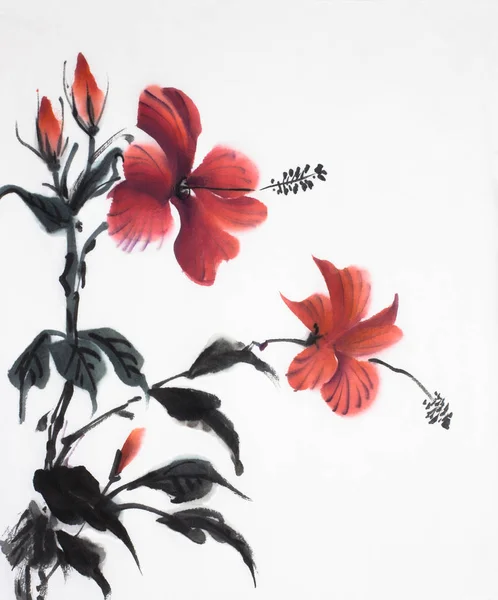 Rode Hibiscus Bloem Geschilderd Chinese Stijl — Stockfoto