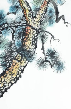 Çam ağacı hafif bir arka plan üzerinde Çin tarzında boyalı