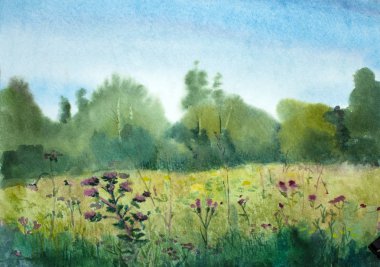 Yaz yatay, ağaçlar ve çiçekler