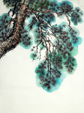 Çam ağacı hafif bir arka plan üzerinde Çin tarzında boyalı
