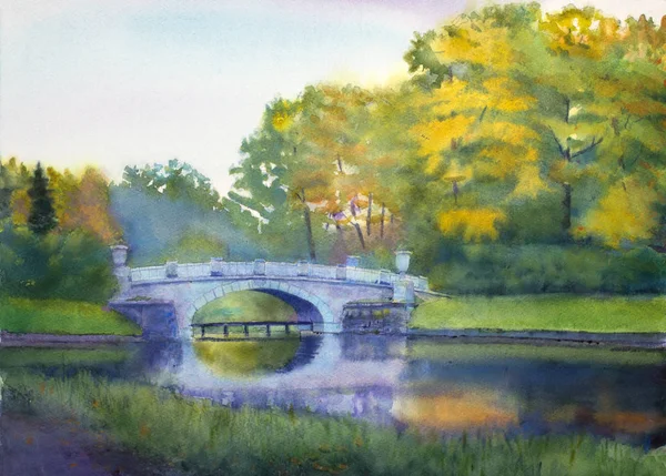 Autumn Landscape Bridge River — Stock Photo, Image