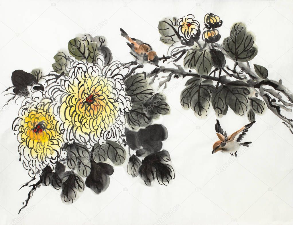 branch of chrysanthemum and two sparrows on a light background
