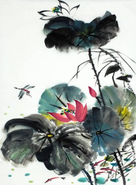 Yusufçuk ve açık renkli balık ile Lotus çiçeği