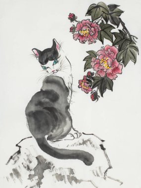 kedi Çin tarzında boyalı taş ve hibiscus çiçek