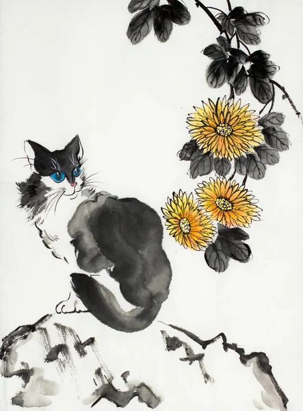Čínská Styl Kočka Kámen Chryzantéma Květ — Stock fotografie