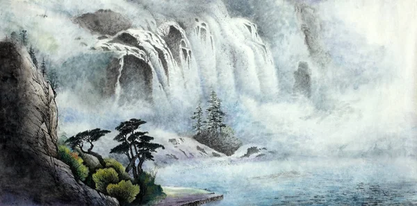 Berglandschaft Mit Wasserfall Und Bäumen — Stockfoto