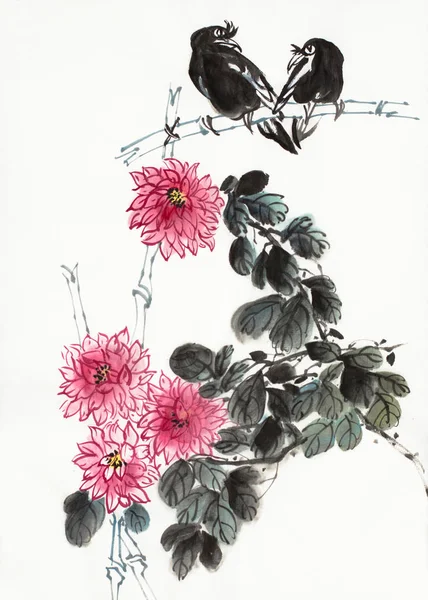Çince Tarzı Çiçekler Kuşlar — Stok fotoğraf