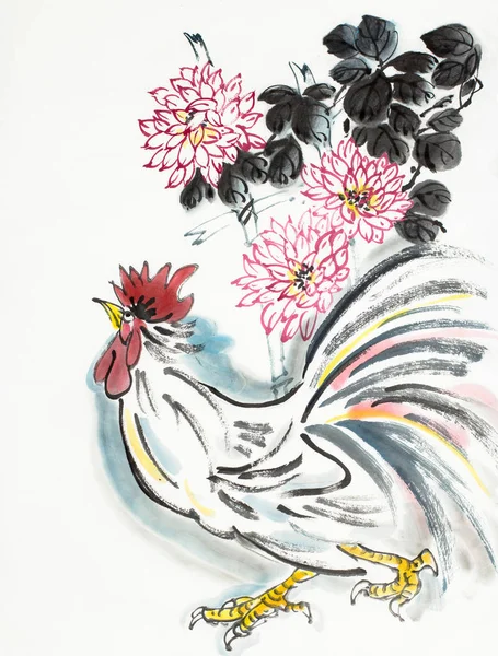 Hahn Und Chrysantheme Chinesischen Stil — Stockfoto
