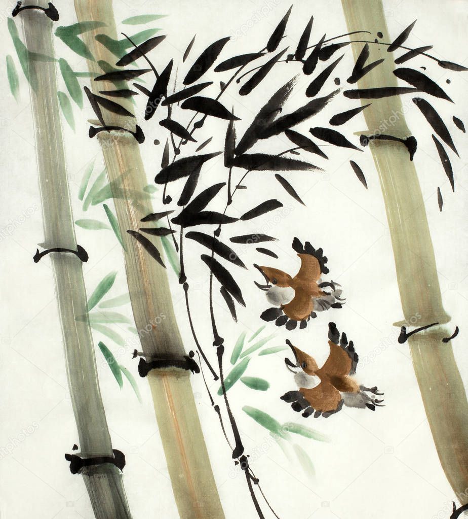 bamboo and birds in flight