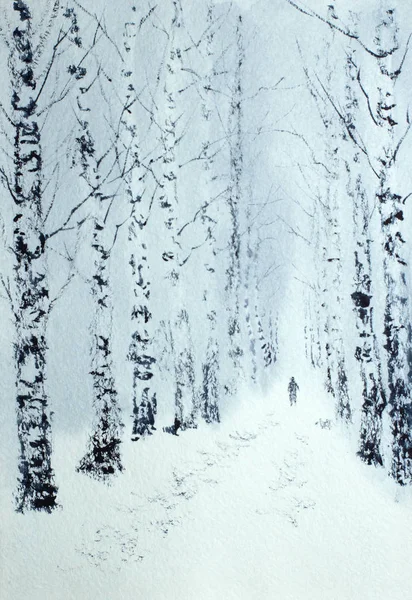 Passeggiata Invernale Nel Parco Betulle Uomo Solitario — Foto Stock