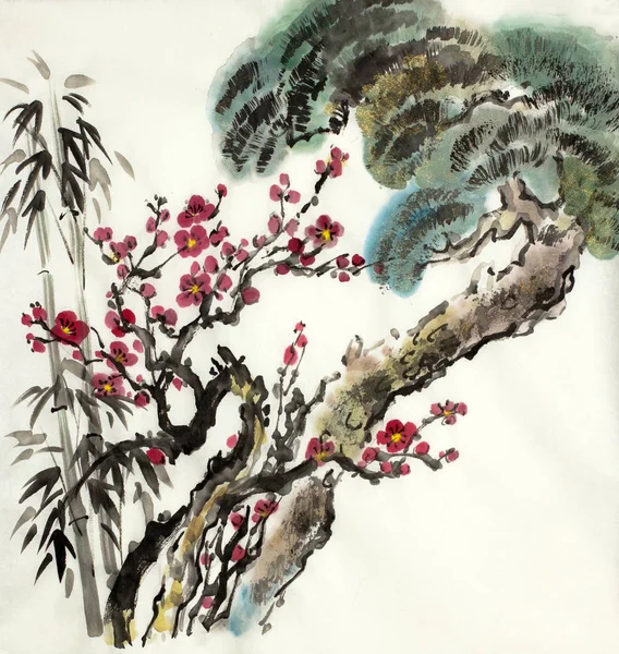 pine bamboo and a branch of wild plum on a light background