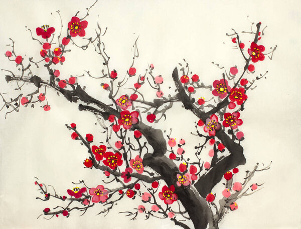 branch of blooming wild plum on a beige background