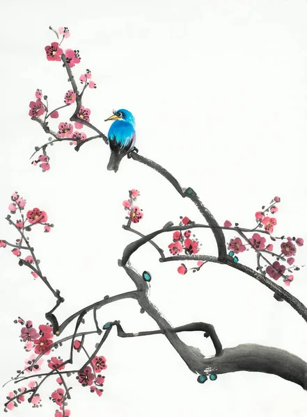 Plum Blossom Branch Bird Light Background — Stock Photo, Image