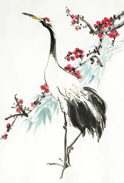 轻型背景上的鹤和开花的梅枝 — 图库照片