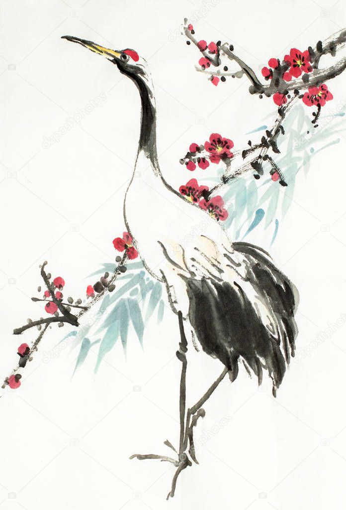 crane and flowering plum branch on a light background