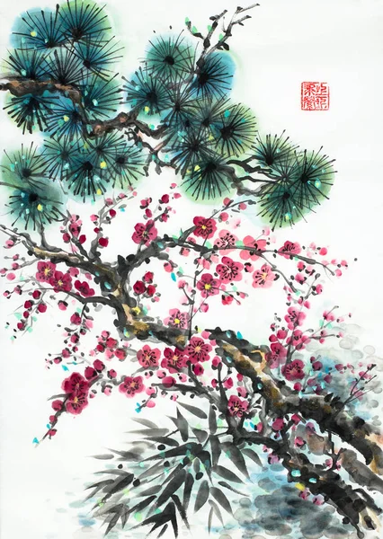 pine branch blossoming plum and bamboo on a light background