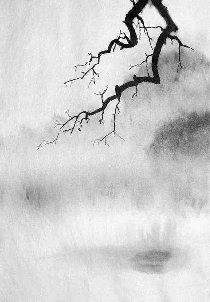 Ramo Escuro Uma Árvore Contexto Montanhas Nebulosas Imagem De Stock