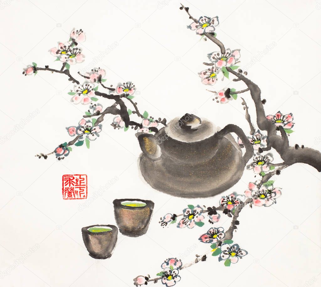 plum blossom branch and clay pot with a cup
