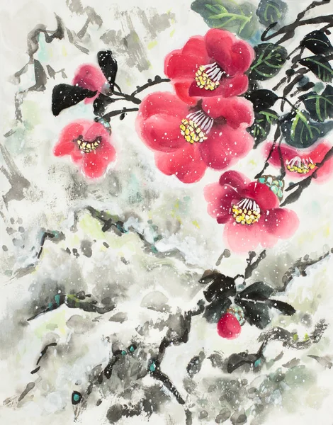 눈 덮인 산의 동백꽃 — 스톡 사진