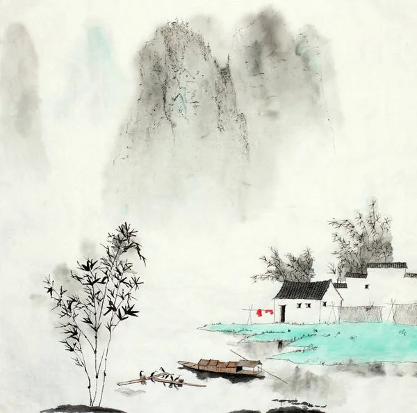 mountain landscape with a fishing house by a lake and a boat