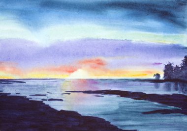 göl kayalar ve gün batımı ile yaz manzara