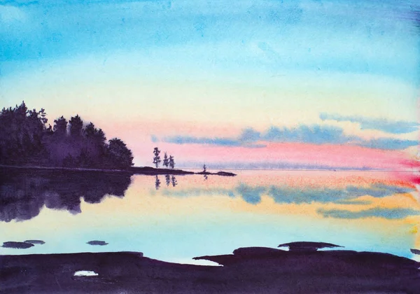 Paisaje de verano con rocas del lago y puesta de sol — Foto de Stock