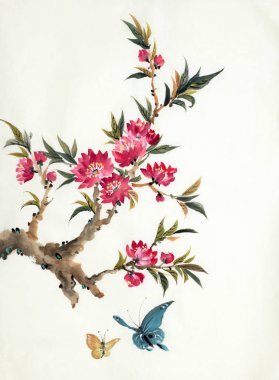 şeftali ve kelebek çiçekli dalı