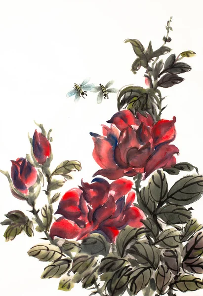 Цветущие розовые кусты и пчелы — стоковое фото