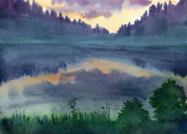 twilight and fog over the lake
