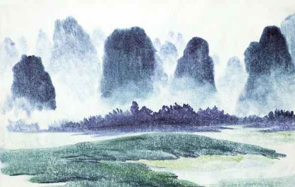 中国の風景霧滝と山々— ストックイラストレーション by © nikolai2