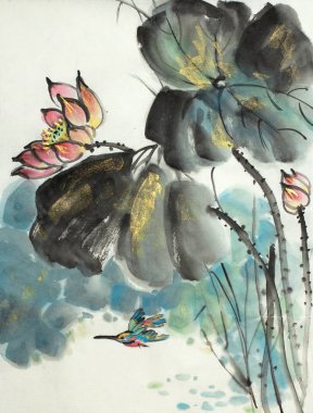 pembe lotus çiçek ve kingfisher