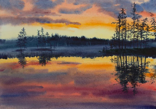Φωτεινό Βυσσινί Ηλιοβασίλεμα Μια Λίμνη Του Δάσους — Φωτογραφία Αρχείου