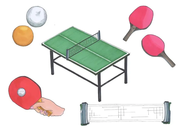 Set of elements for ping pong, marker style — Stock Photo, Image