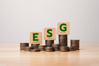 Ahşap bloklar ve istiflenmiş paralarla ESG yatırım stratejisi konsepti, sürdürülebilir finans, çevresel büyüme, mali planlama, iş geliştirme ve uzun vadeli karlılığı sembolize ediyor