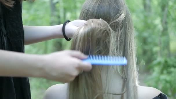 Двое друзей расчесывают волосы — стоковое видео