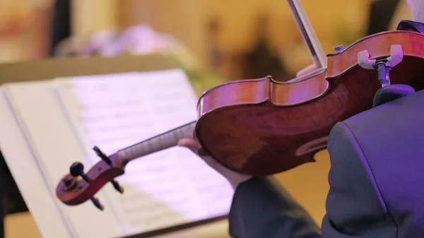 Male performs lead violin sole part playing at classical concert. Stock Picture