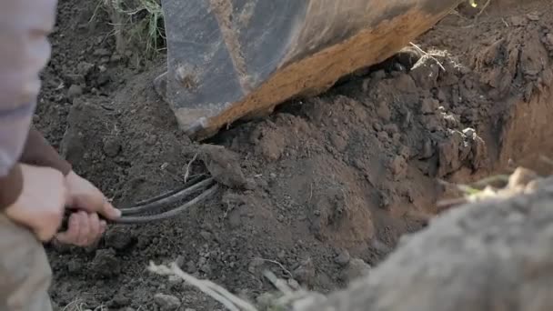 Excavator bucket digging trench for repairing optic cable — Stock Video