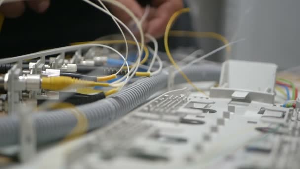 Techniker installieren Glasfaser mit Kabelbindern. — Stockvideo