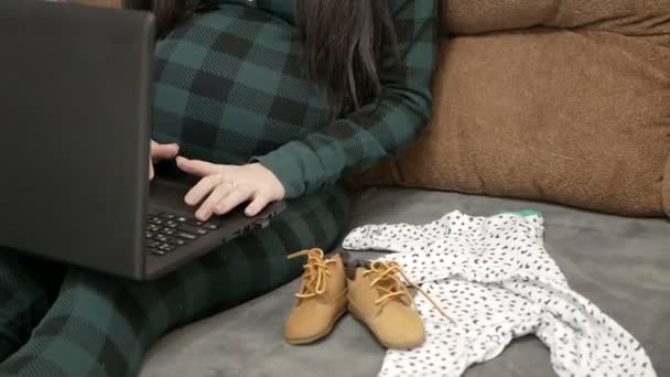 Счастливая беременная женщина покупает одежду с помощью ноутбука . — стоковое видео