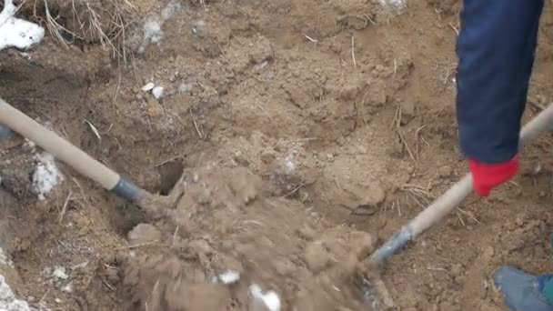 Arbetstagare på ett rack gräva upp en kabel för kommunikation — Stockvideo