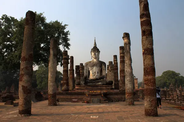 Sukhothai Tarihi Parkı 'ndaki Buda heykelleri ve aptallar.