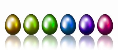 Bir satırda Paskalya yumurtaları, Gökkuşağı rengi, yansıma, beyaz arka plan b