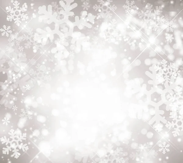 Zilverkleurige winter achtergrond, sneeuwvlokken, bokeh, licht centrum, wint — Stockfoto