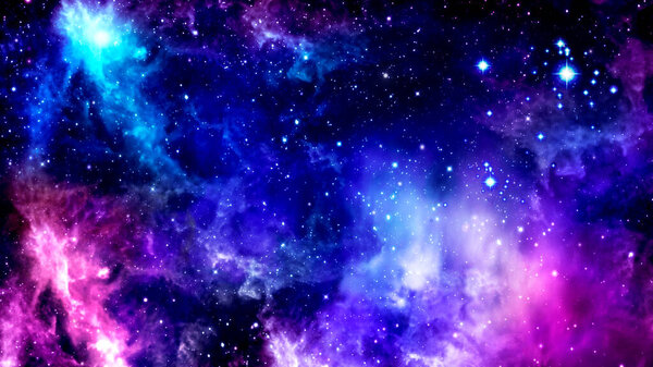 Bright purple cosmic background with nebulae and cluster of shining stars