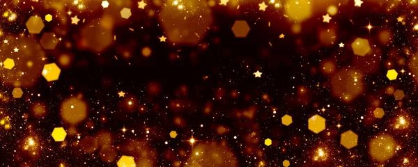 黒の背景に金色のライト 輝くライトと星 コンフェッティとぼやけたお祝いのボケの背景 — ストック写真