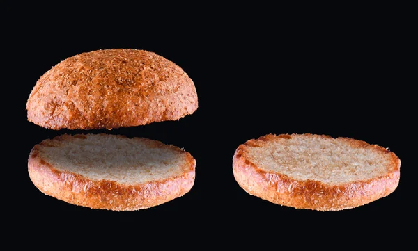 Conjunto Pão Grelhado Hambúrguer Isolado Sobre Fundo Preto Fechar — Fotografia de Stock